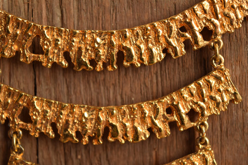 Gold Toned Ladder Necklace -  1970's Textured tiered necklace